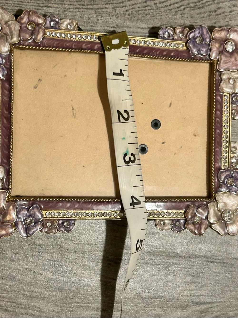 ornate, vintage-style jeweled enamel picture frame featuring a romantic, floral